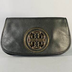 TORY BURCH Black Gold Logo Leather Clutch Handbag